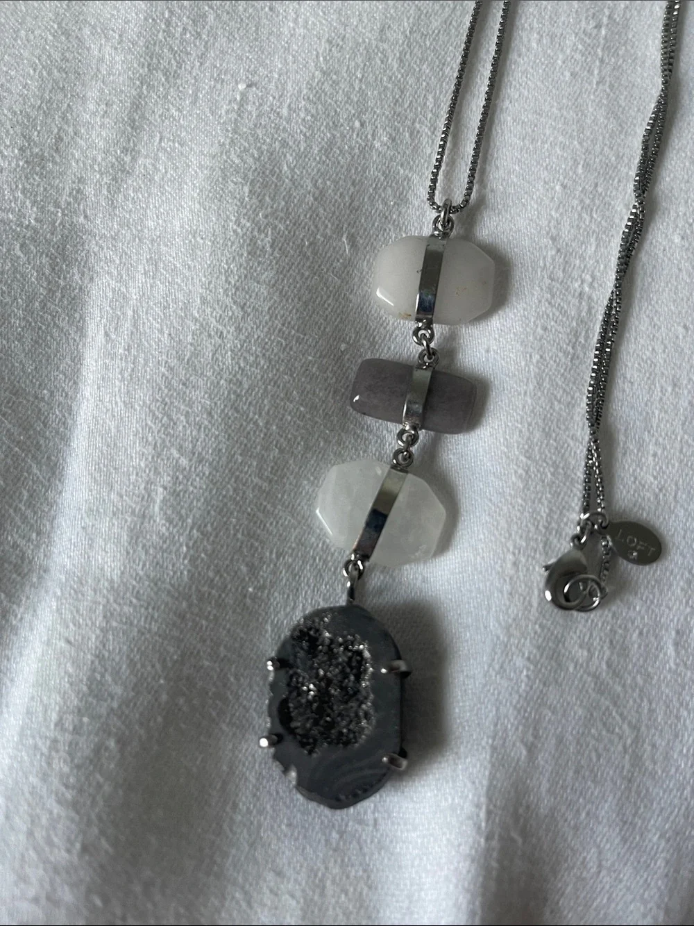 LOFT Silver-Tone Druzy Pendant Necklace with Gray and White Beads